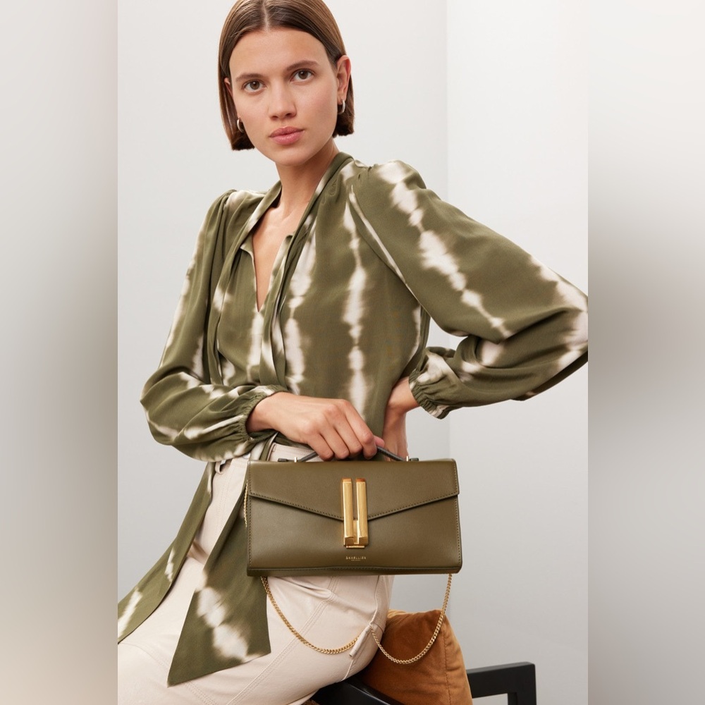 DeMellier Olive Green Leather Top-Handle Clutch with Gold Hardware